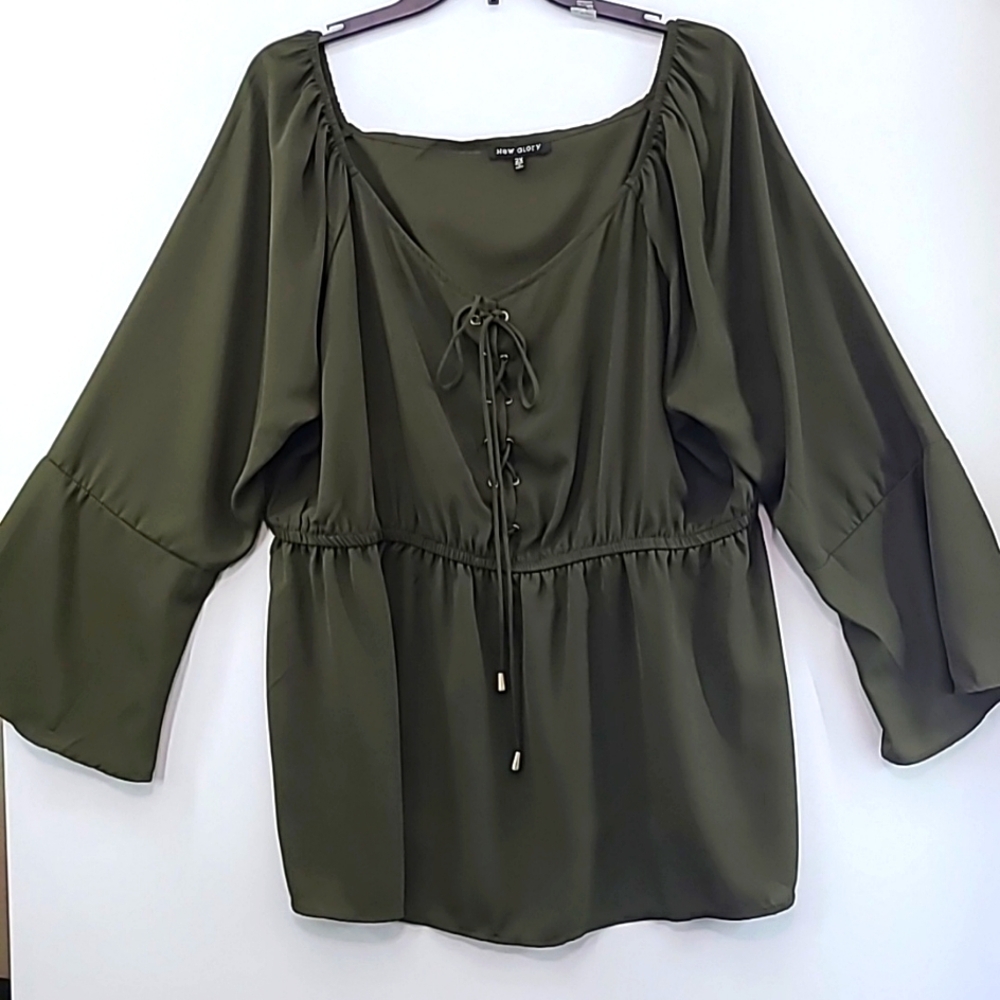 NEW GLORY‎ Women's Green Peasant Blouse Lace Up Front with Bell Sleeves -Size 2X